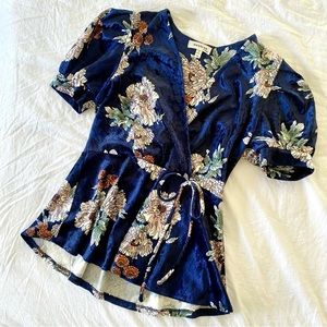 Navy Floral Crushed Velvet Faux Wrap Top, M